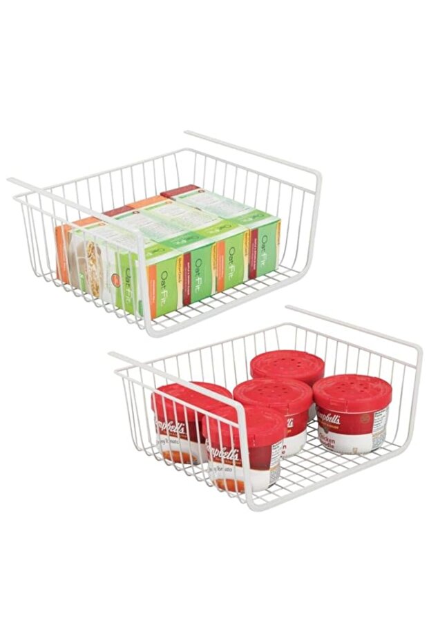 mDesign Household Metal Under Shelf Hanging Storage Bin Basket with Open Front for Organizing Kitchen Cabinets, Cupboards, Pantries, Shelves - Large, 2 Pack - White