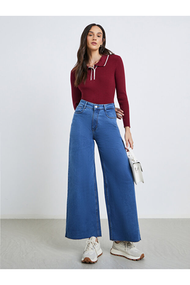 بنطال جينز مستقيم مطاطي متوسط الارتفاع - 1