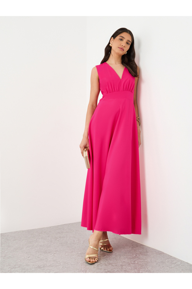Solid V Neck Sleeveless A-Line Maxi Dress