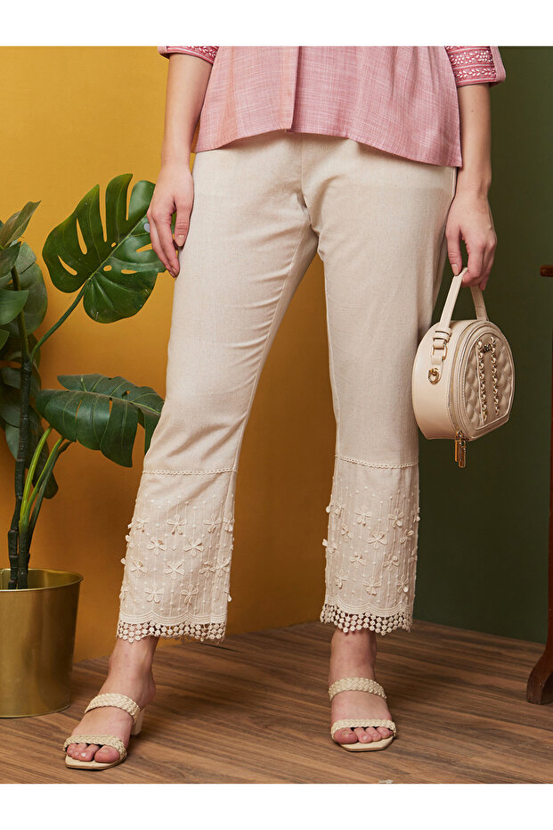 Elasticated Waist Floral Applique Lace Hem Trousers