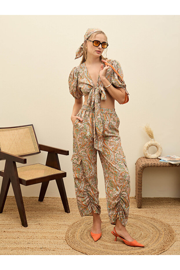 Paisley Print Tie-Front Crop Top and Trousers Co-Ords