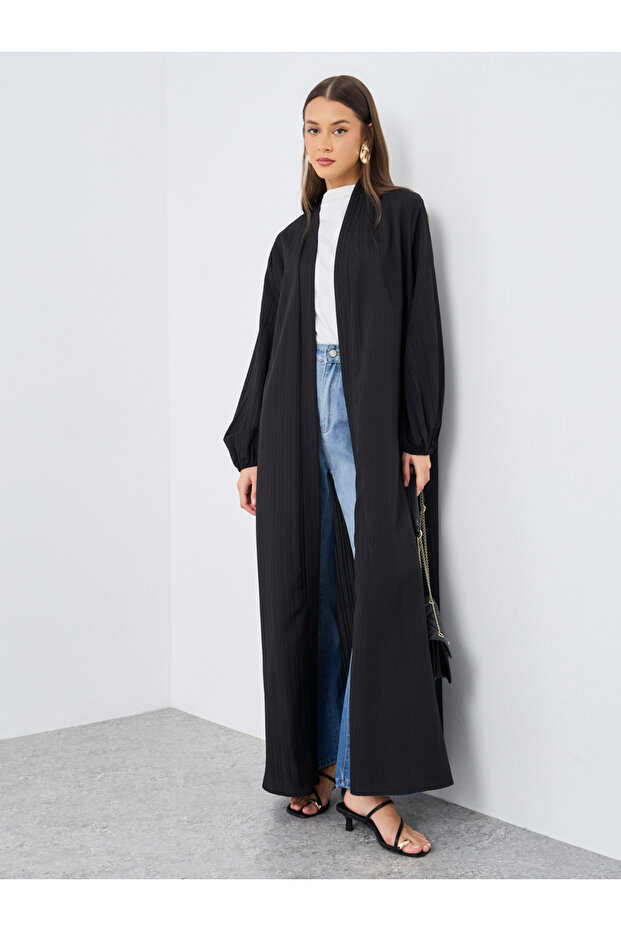 Women Black Front Open Textured Abaya