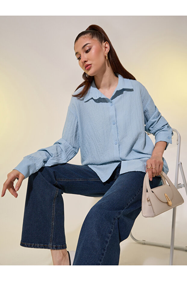 Blue Textured Longline Shirt with Spread Collar