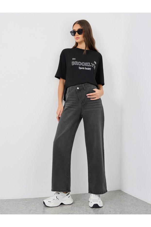 Women Black Wide Leg Jeans with Cross Waistband