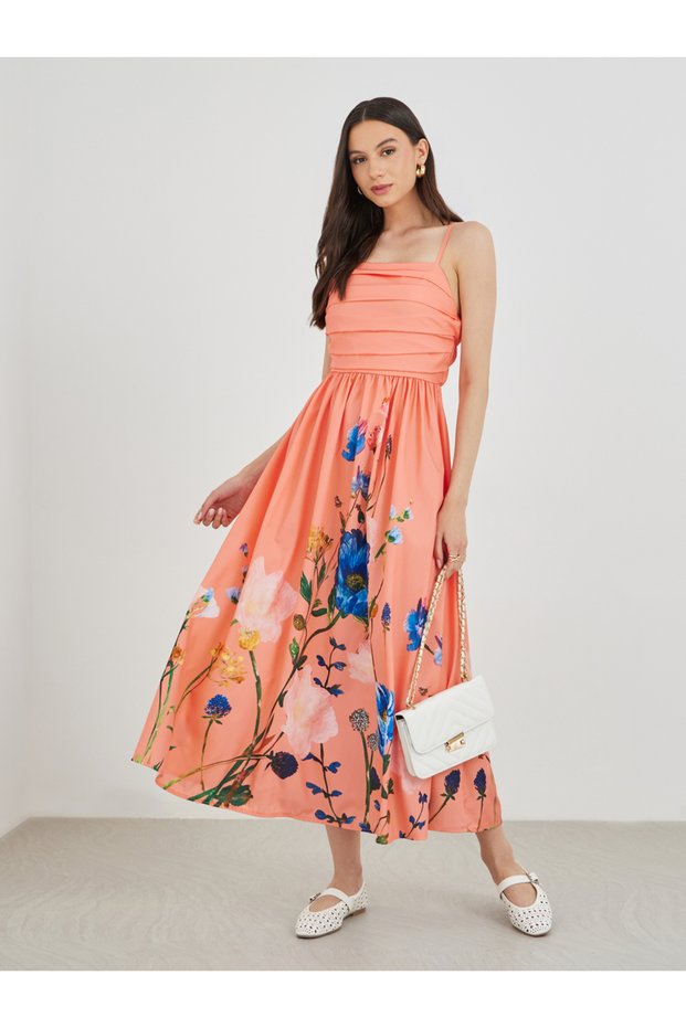 Floral Print Pleated Detail Strappy Midi Dress