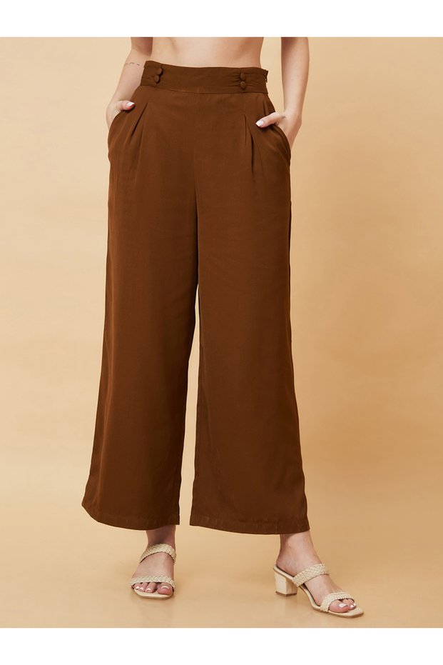 High-Rise Pleated Frilled Waist Wide Leg Trousers