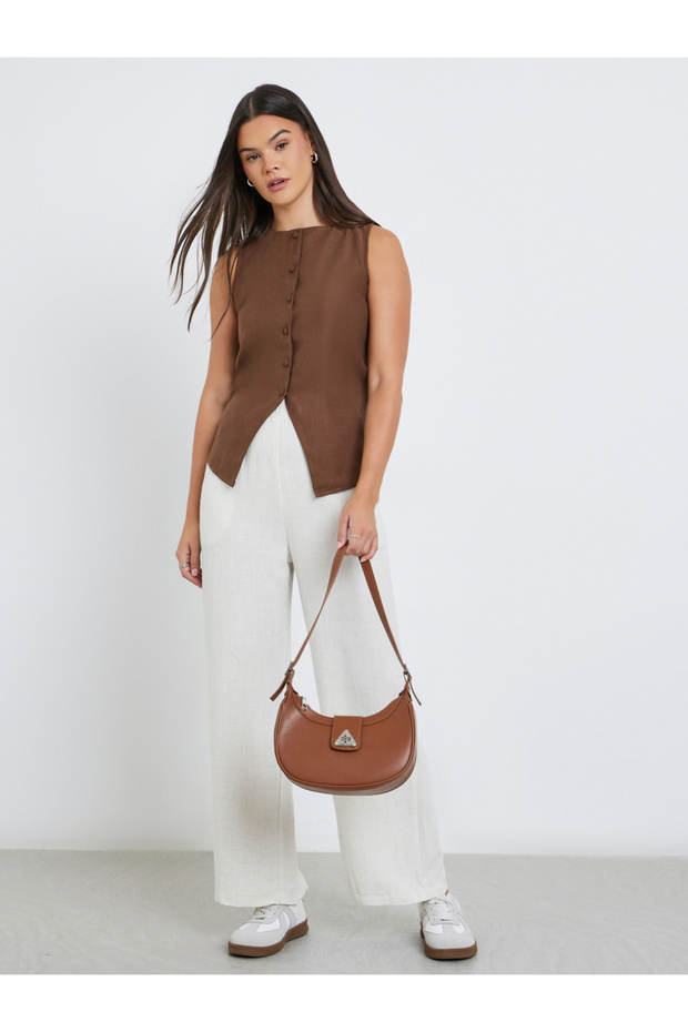 White Linen Look Pants with Elastic Waist