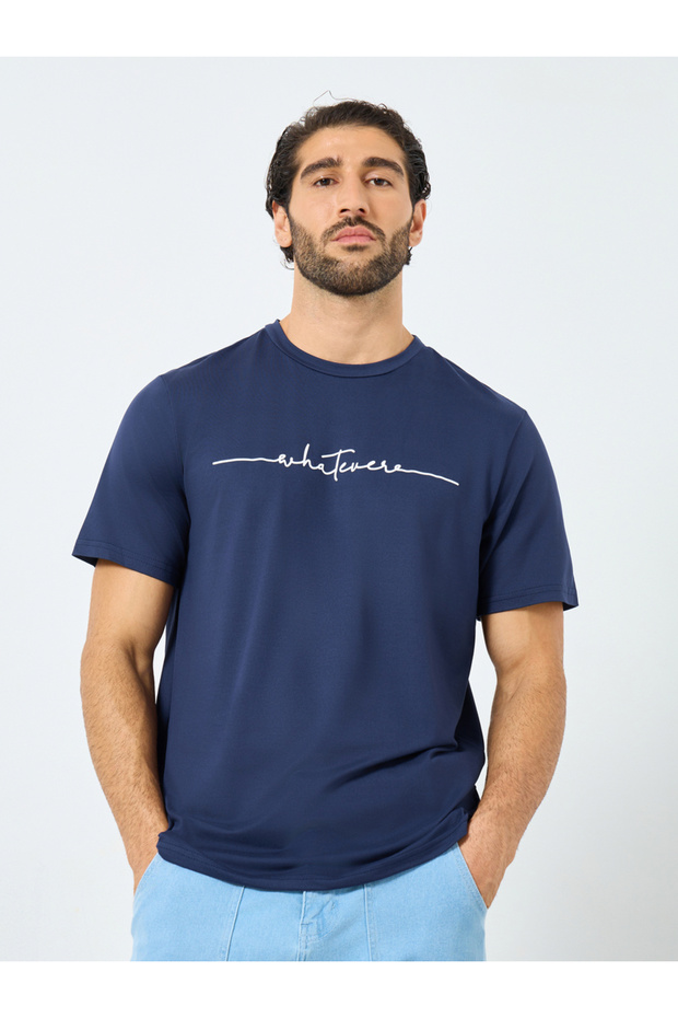 Navy Blue Slogan Print Round Neck Short Sleeve T-Shirt