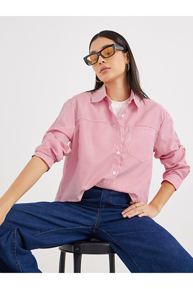 Women Red Striped High-Low Hem Shirt