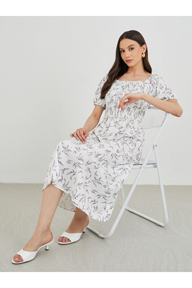 Floral Print Puff Sleeve Smocked Midi Dress