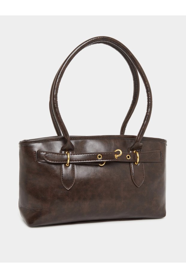 Brown Faux Leather Tote Bag with Eyelet Belt Accent