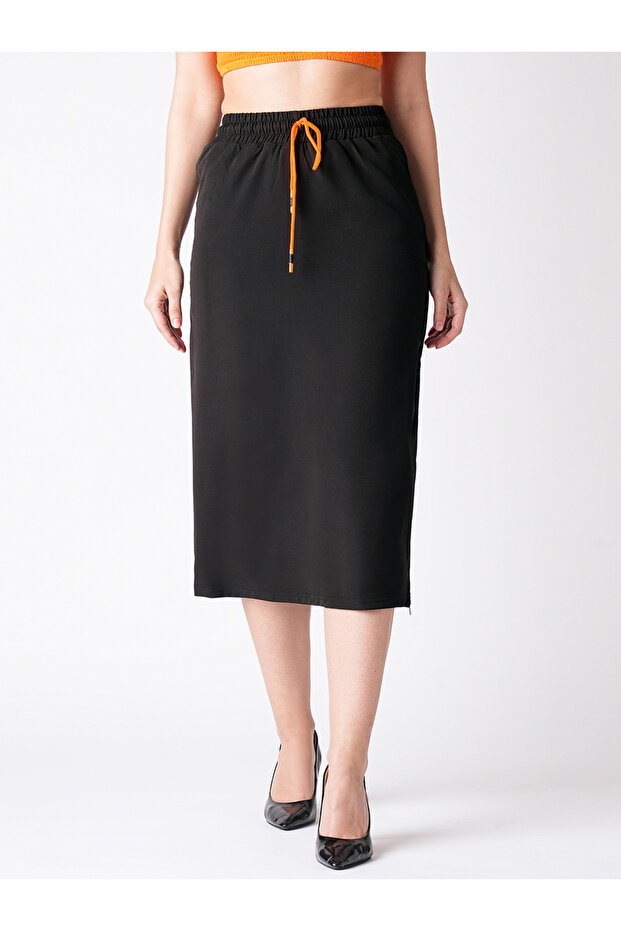 تنورة ميدي مستقيمة سادة مع رباط - 1