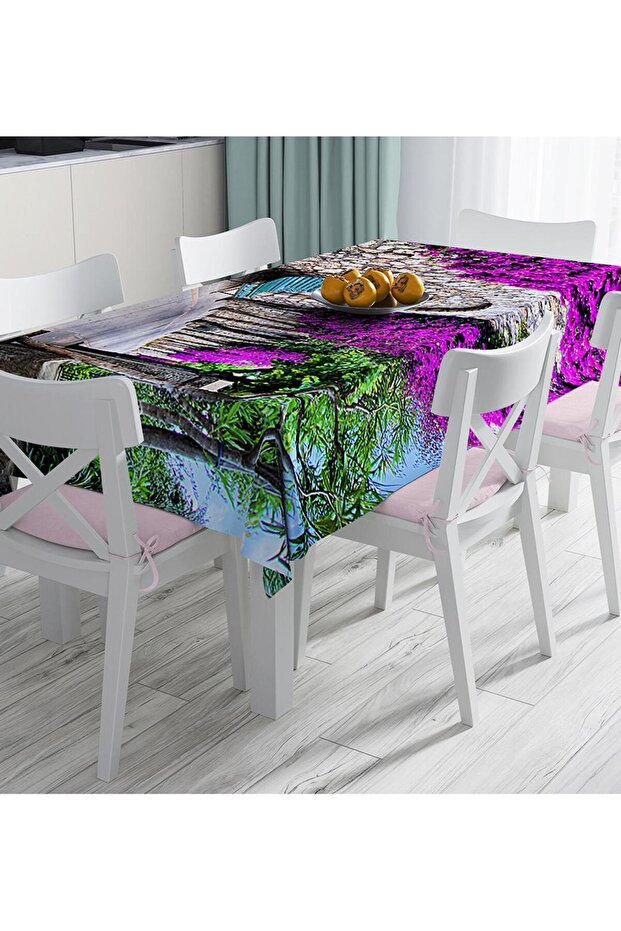 Stone Wall and Purple Bougainvillea Street Pattern Stain Resistant Runner and Tablecloth Digital Printed