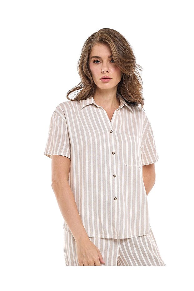 Striped Shirt with Classic Collar and Short Sleeves