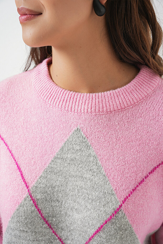 15895 Baklava Desenli Oversize Triko Kazak - Y.Pembe - 5