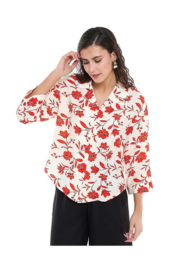 Floral Printed Shirt with Revere Collar and 3/4 Sleeves