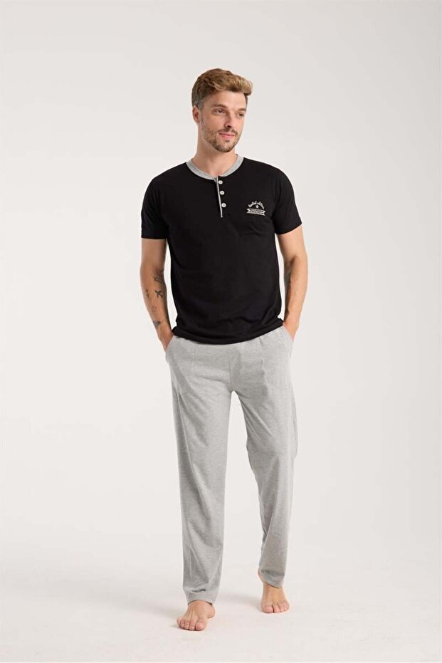 Mdsrdm Men's Black Button Collar Short Sleeve Pajama Set