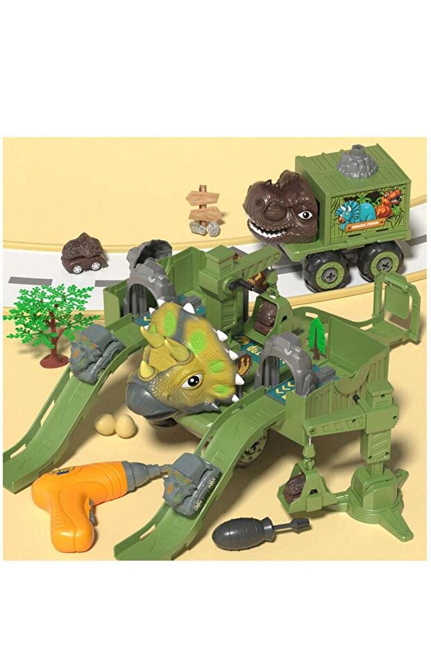 Electric Dinosaur Engineering Vehicle Set, T-Rex & Triceratops Track Puzzle Toy