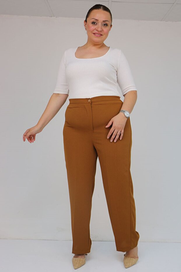 59016 Plus Size Crepe Trousers with Button Waist - Mustard