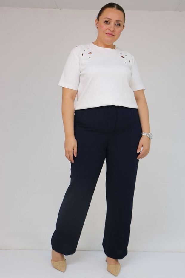 59016 Plus Size Crepe Trousers with Button Waist - Navy Blue