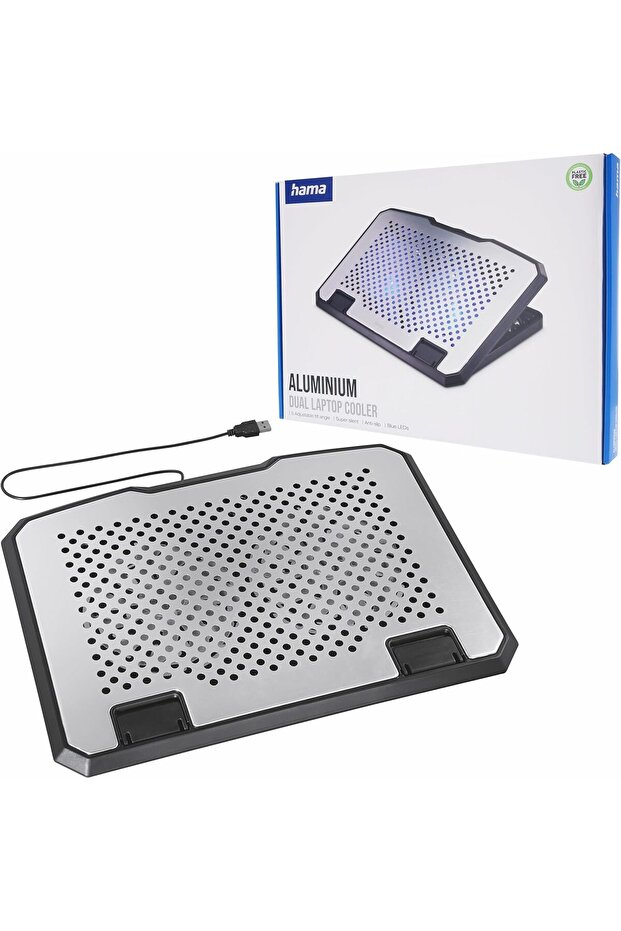 Aluminium Laptop Cooler & Stand – Dual Quiet Fans with Blue LED, Tiltable Design, USB-Powered
