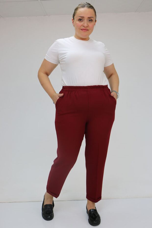 59009 Large Size Double Leg Trousers with Elastic Waist - Claret Red