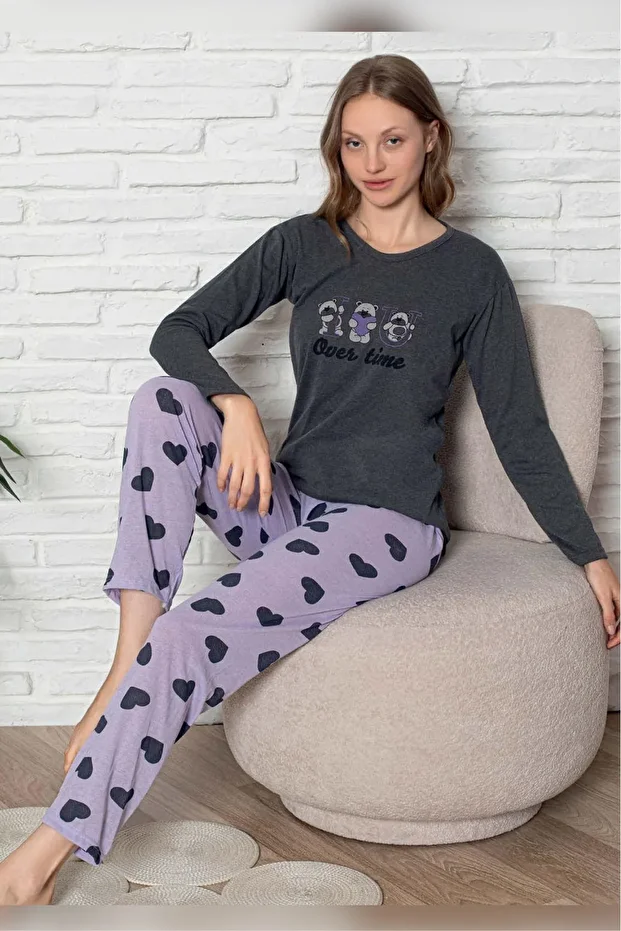 Ecodream Uzun Kollu Desenli Ekonomik Kadın Pijama Takımı - 1