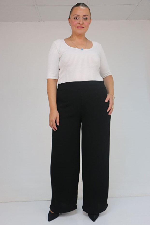 59011 Plus Size Moldings Belted Side Zipper Crepe Pants - Black