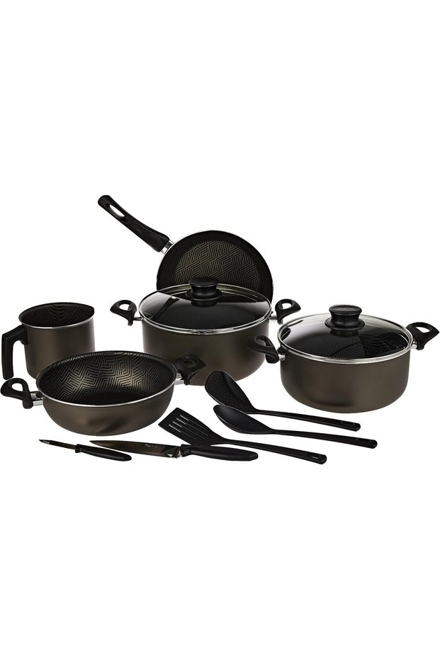Paris 12 Pieces Lead-Colored Aluminum Cookware Set with Interior and Exterior Starflon Ma