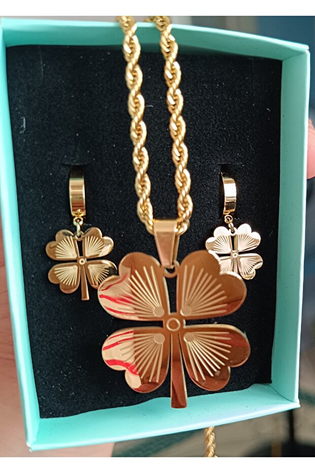 Dört yonca çelik kolye dört yonca çelik küpe seti - 3