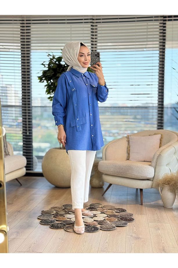 2093 Ön Boyuna Şeritli Ve Taşlı Gömlek - 1
