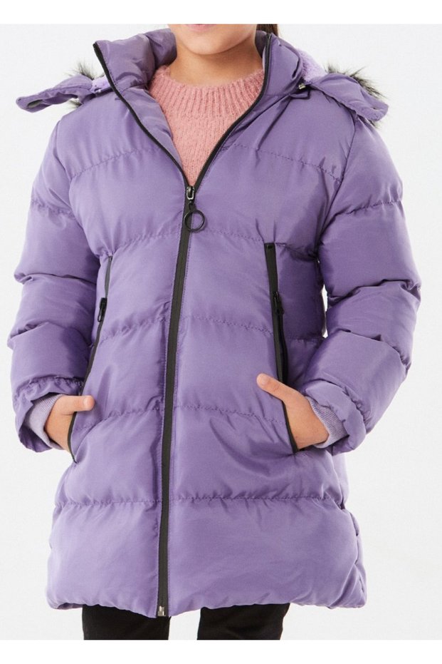 Girl's Zipper Detailed Hooded Lilac Color Coat