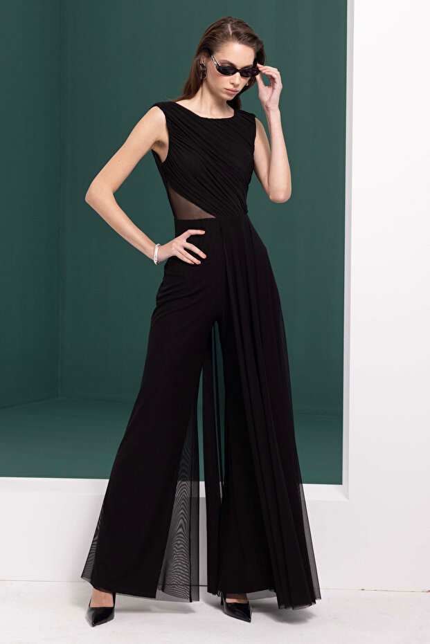 Women's Draped Sleeveless Window Detailed Evening Dress Jumpsuit 7053 Black
