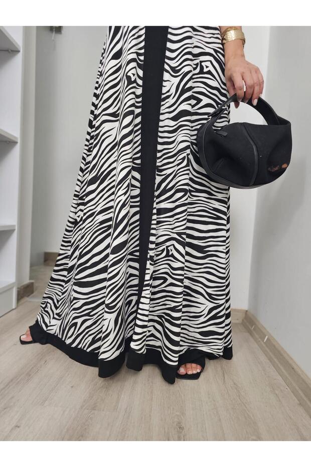 FELİX13876 Askılı Siyah Beyaz Zebra Desenli Uzun Elbise - 6