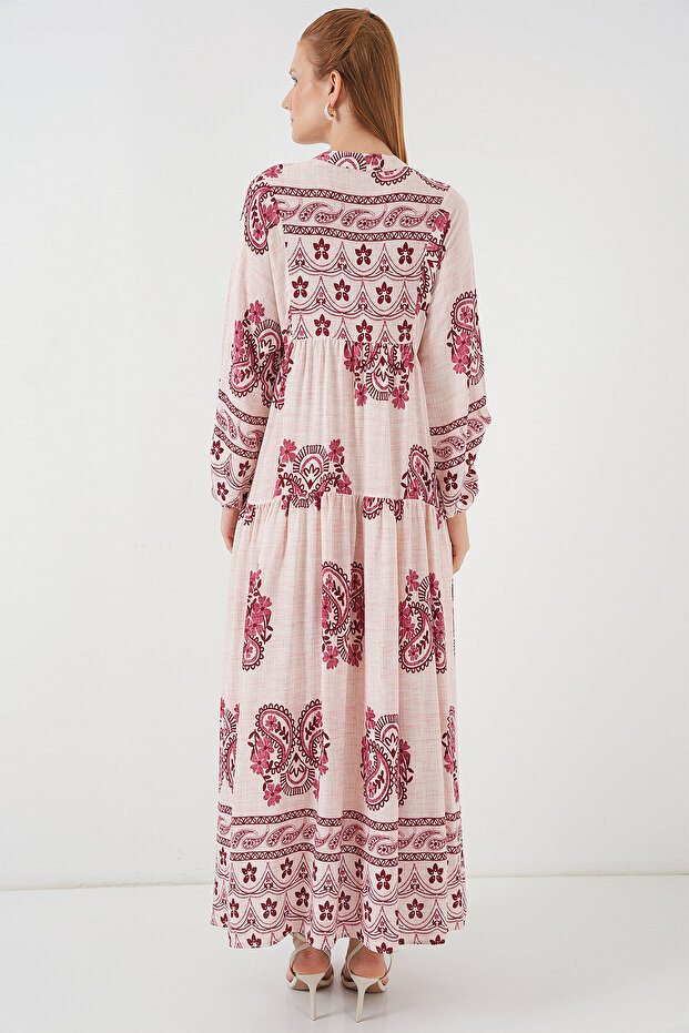 Kadın Desenli Uzun Tesettür Elbise 2585 - B.Kırmızı - 6