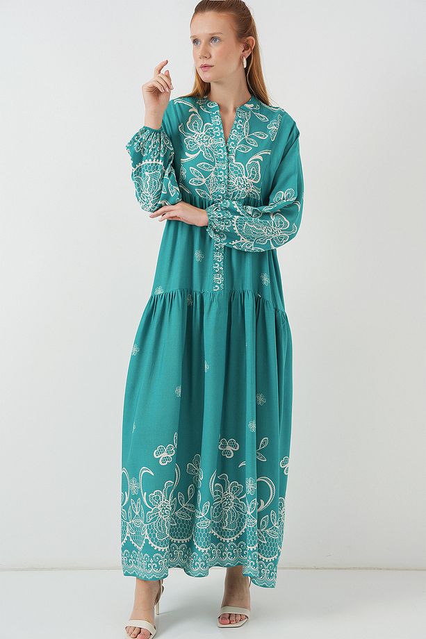 Kadın Desenli Uzun Tesettür Elbise 2585 - Mint - 3