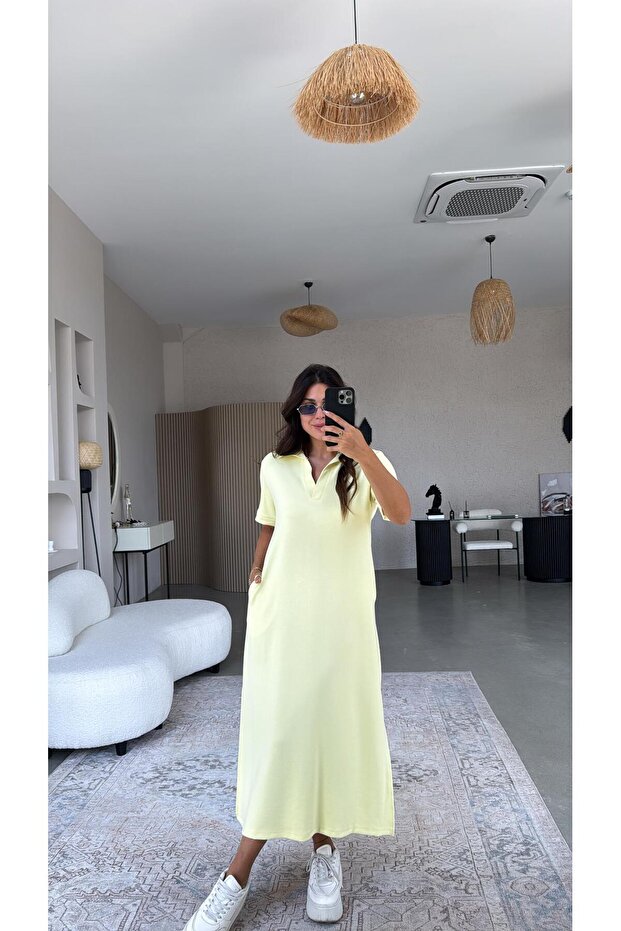 Rochie modală lungă cu guler galben - 1