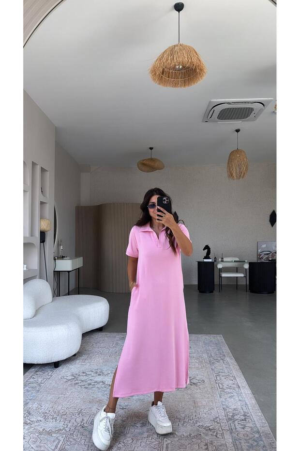 Rochie modal lungă cu guler roz - 4