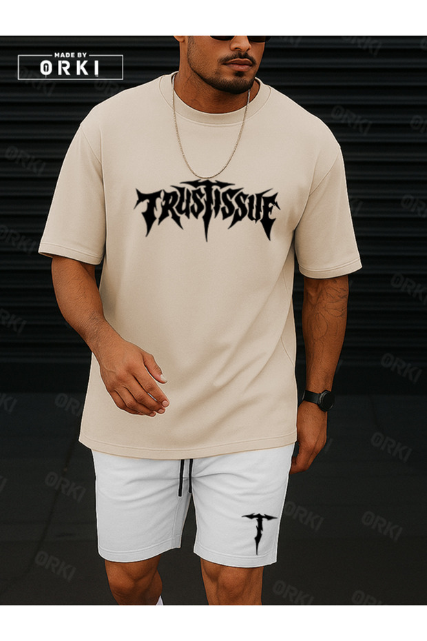 Orki Trust Issue – Oversize Men's Streetwear Beige T-Shirt & White Shorts Set