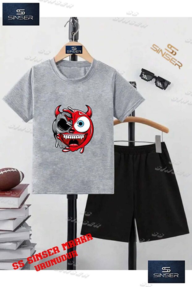 Kids Unisex “Smile One Eye Red Horn“ Custom Printed Crew Neck T-Shirt - Shorts Set