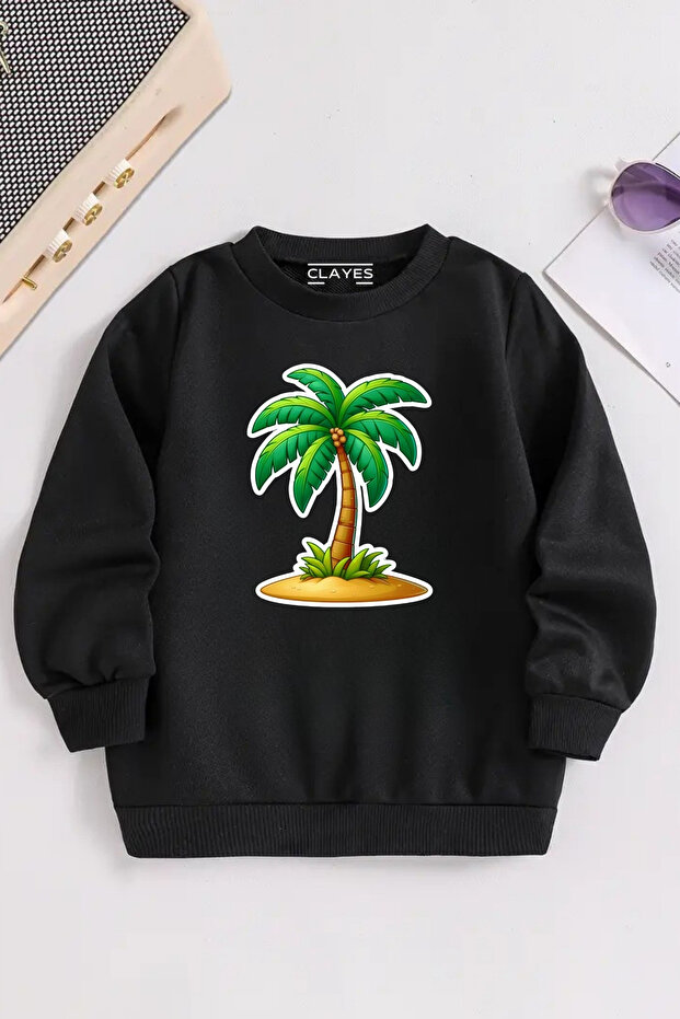 Children's Black Crew Neck Palm Printed, Winter Thick Raised Fabric