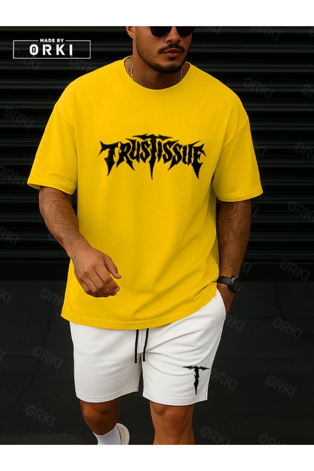 Orki Trust Issue – Oversize Men's Streetwear Yellow T-Shirt & White Shorts Set