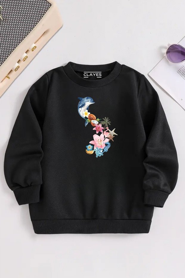 Children's Black Crew Neck Dolphin Flower Printed, Winter Thick Raised Fabric