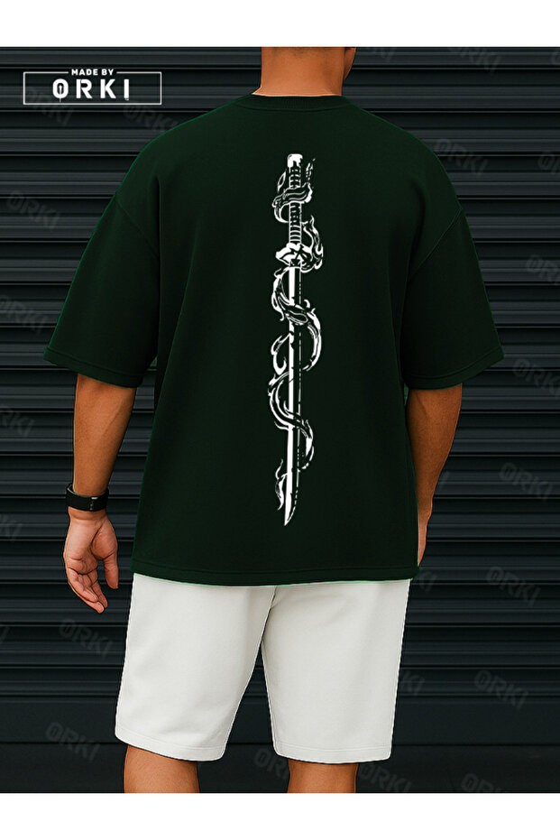Orki Tigerblade – Tiger & Sword Printed Oversize Men's Forest Green T-Shirt Biyaz Shorts Set
