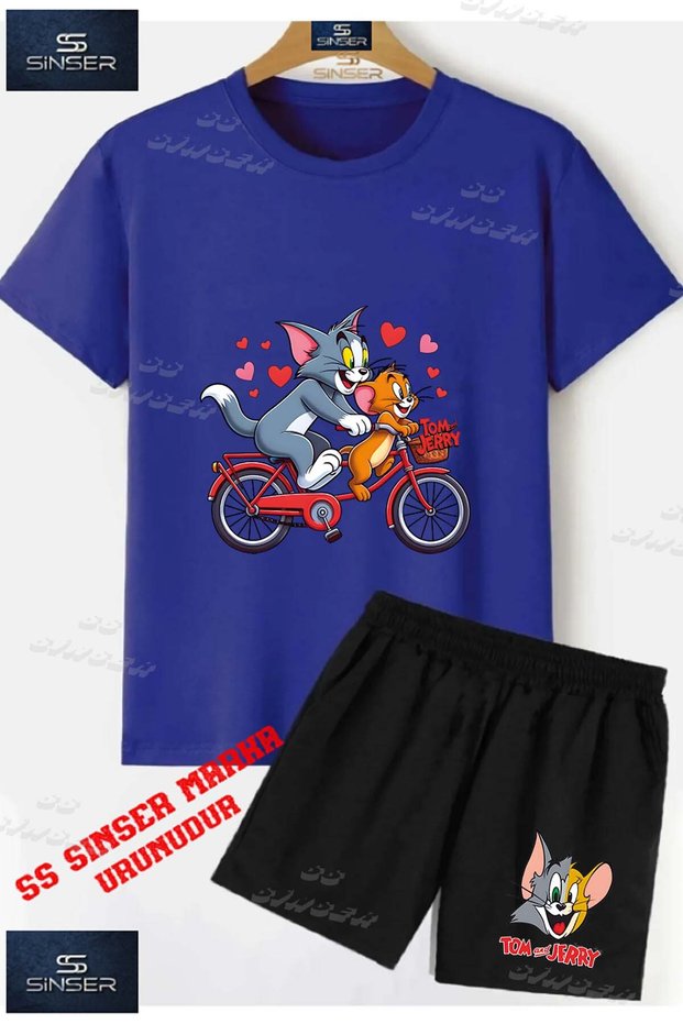 Kids Unisex “Tom and Jerry on a Bike Superior“ Custom Printed Crew Neck T-Shirt - Shorts Set