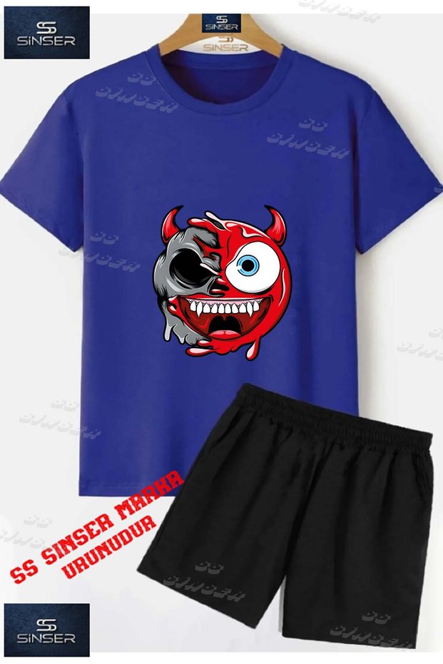 Kids Unisex “Smile One Eye Red Horn“ Custom Printed Crew Neck T-Shirt - Shorts Set