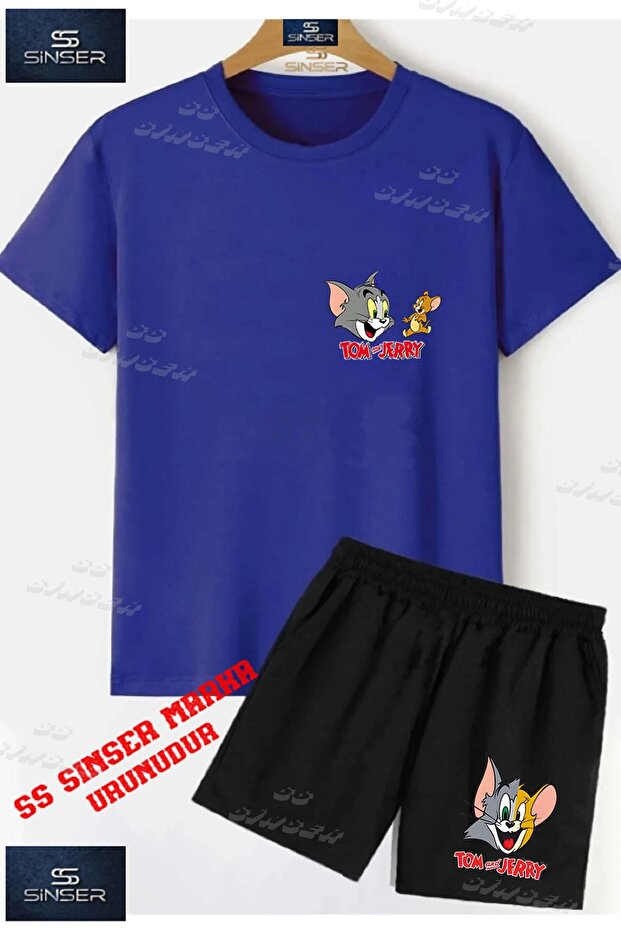 Kids Unisex “Tom and Jerry Writing on Left Top“ Custom Printed Crew Neck T-Shirt - Shorts Set