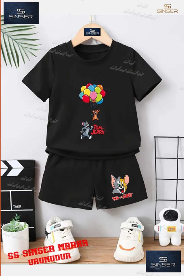 Children's Unisex “Tom and Jerry with Balloon“ Custom Printed Crew Neck T-Shirt - Shorts Set