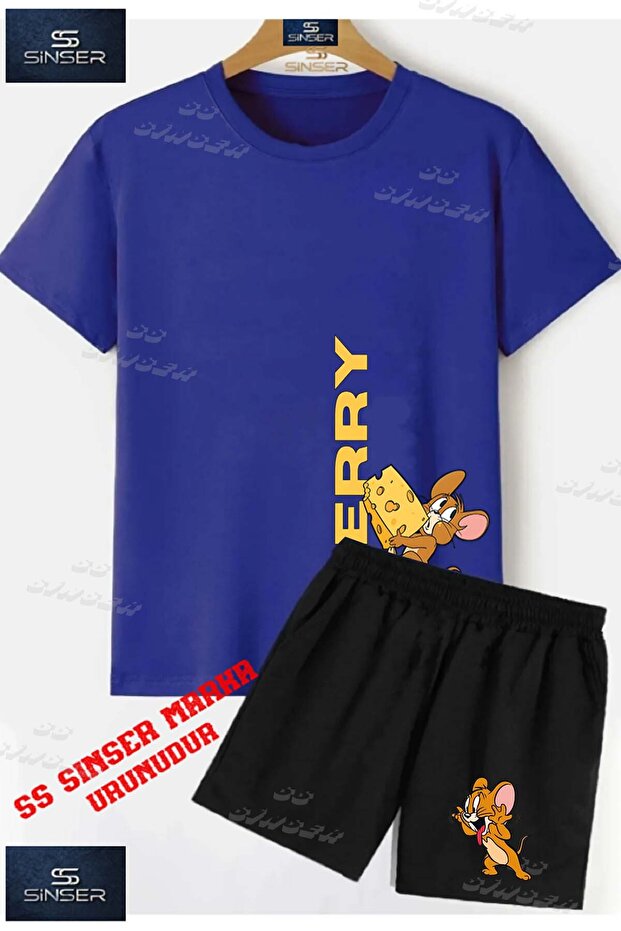 Children's Unisex “Jerry Single Cheese Calan“ Special Printed Crew Neck T-Shirt - Shorts Set