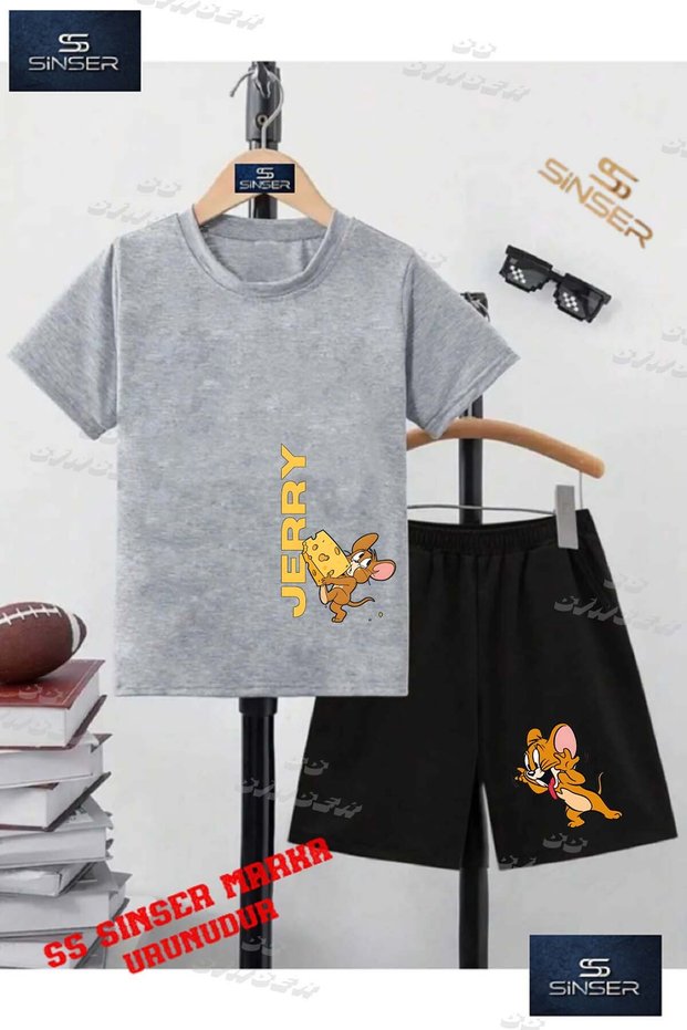Children's Unisex “Jerry Single Cheese Calan“ Special Printed Crew Neck T-Shirt - Shorts Set